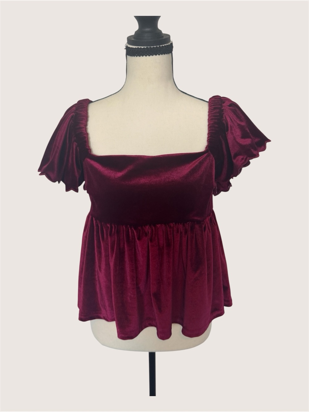 Altar’d State Velvet Square-Neck Peplum Top in Burgundy